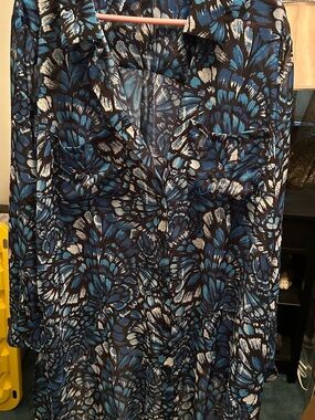 Womens Blue Floral Print Button-Front Top